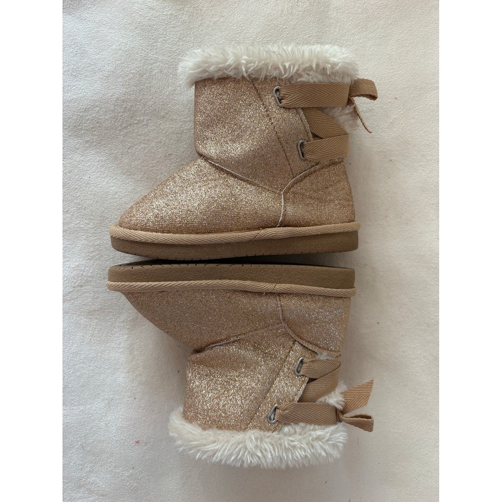 Toddler Girls Rose Gold Glitter Faux Fur Trim Bow Back‎ Boots Size 6 - Picture 2 of 5